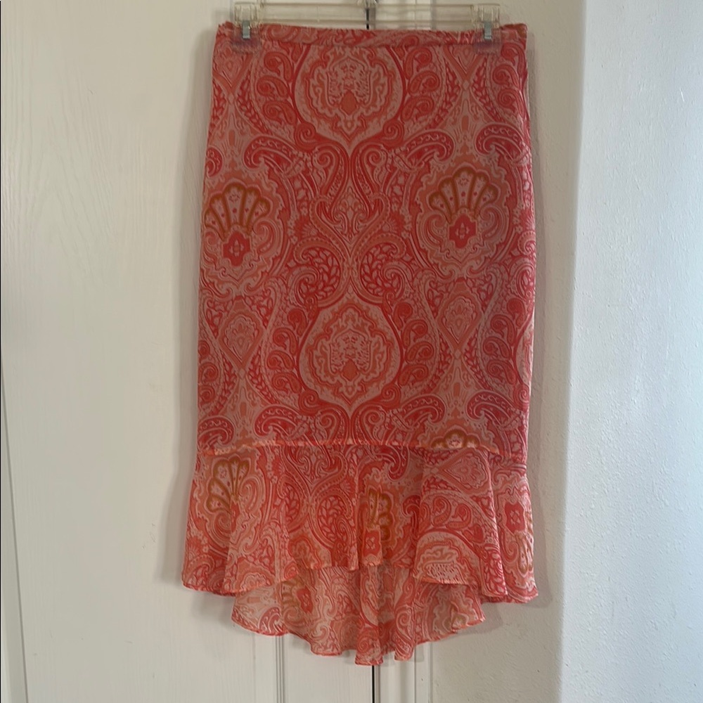 Elegant Paisley Ruffle Hem Skirt - Peach and Orange